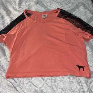 PINK Victoria's Secret Coral Tee with Black Mesh Original Dog Logo